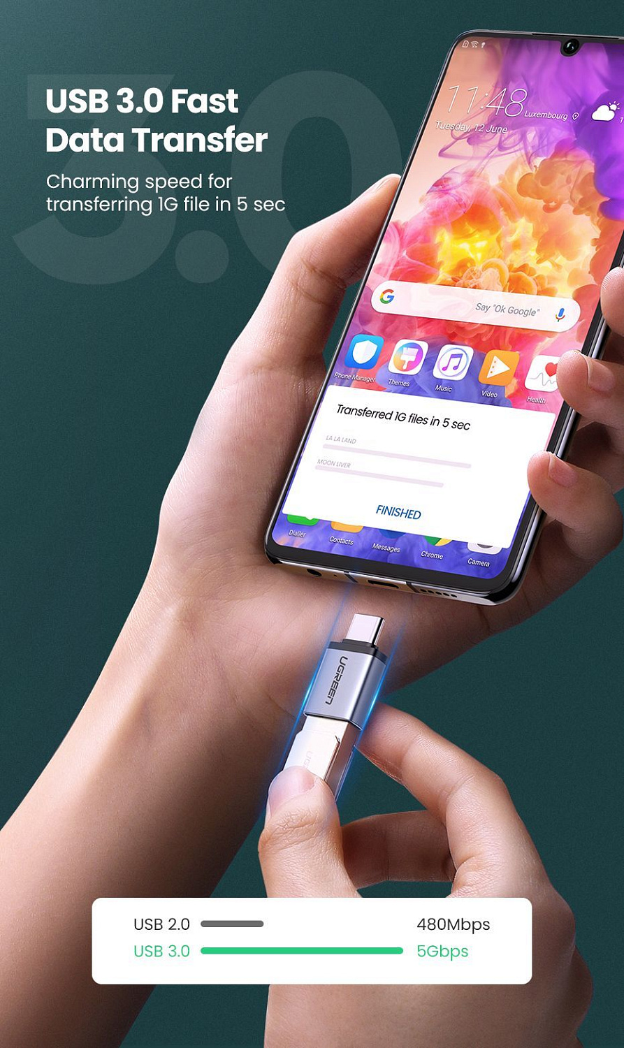 50283 Адаптер UGREEN US270 Type-C 3.0 - USB-A, цвет: черный